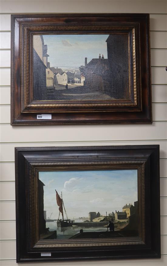 Philip Hugh Padwick (1876-1958) pair of oils on canvas board, A hillside town and a harbour, signed, 34 x 50cm